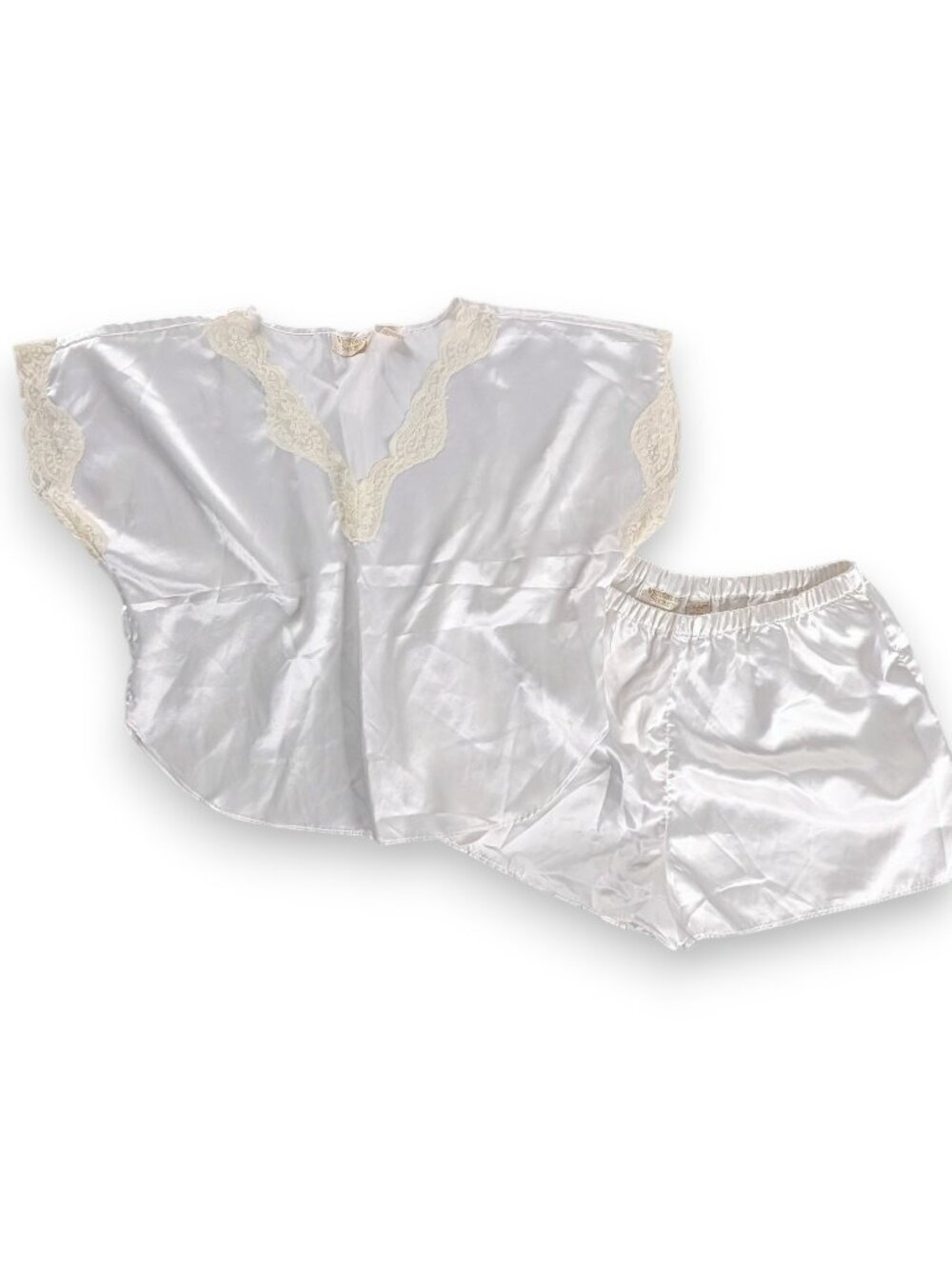 VTG VS Gold Label White Satin Lace Trim Top and Shorts Pajama Set